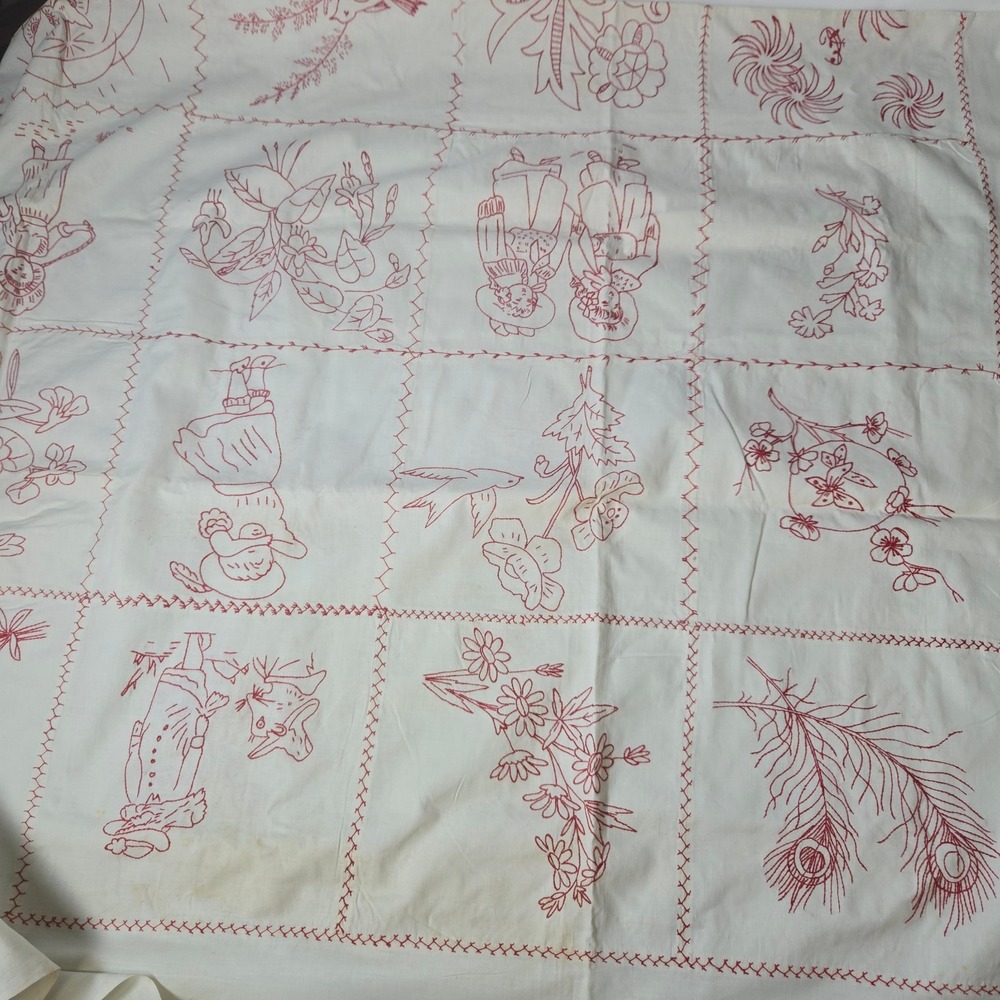 Unbranded Redwork Embroidery Quilt Top OS White Fair Vintage Handmade Folk Art